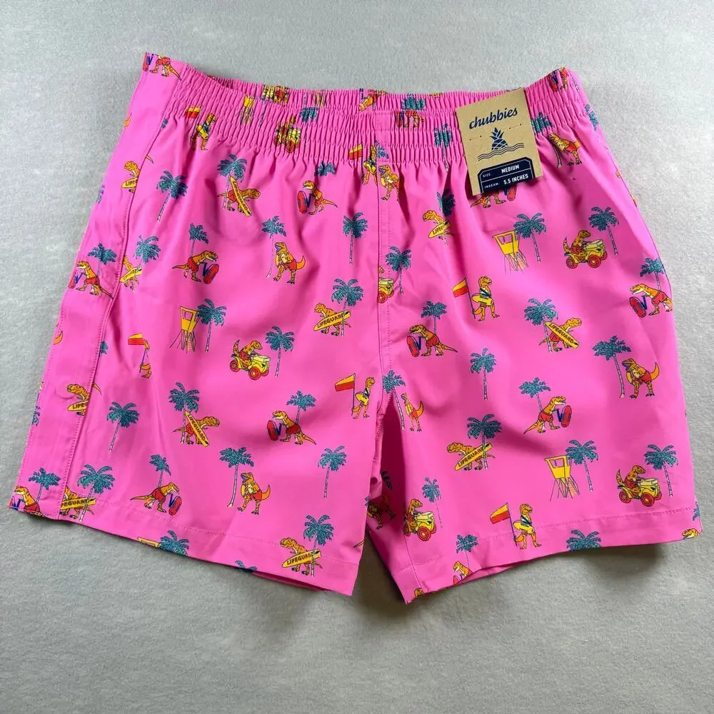 NWT Chubbies The Dino Racers pink tear-away trunks - swim suit funny bold sz M